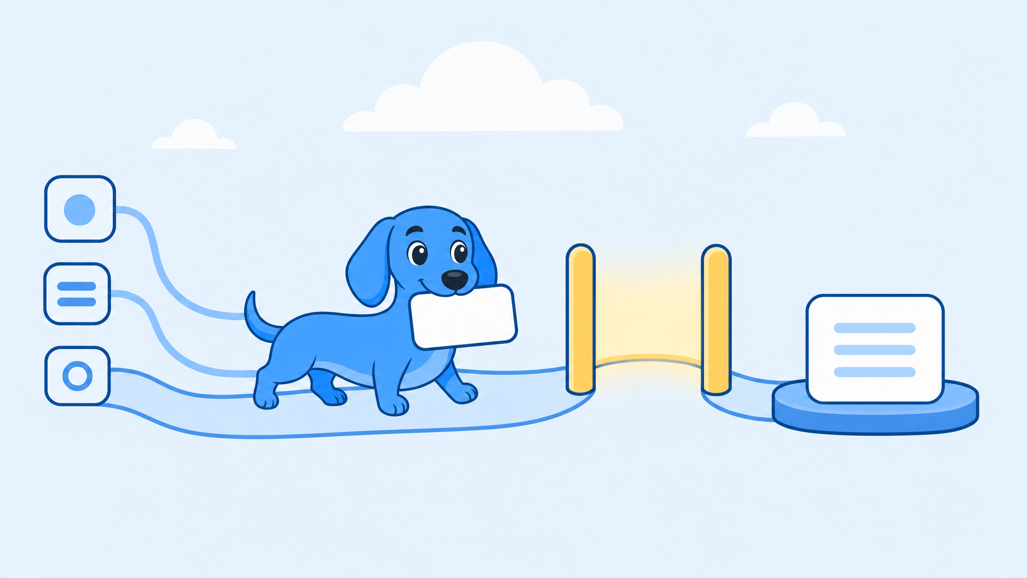 Dash carrying work from connected tools through an approval gate to a finished result