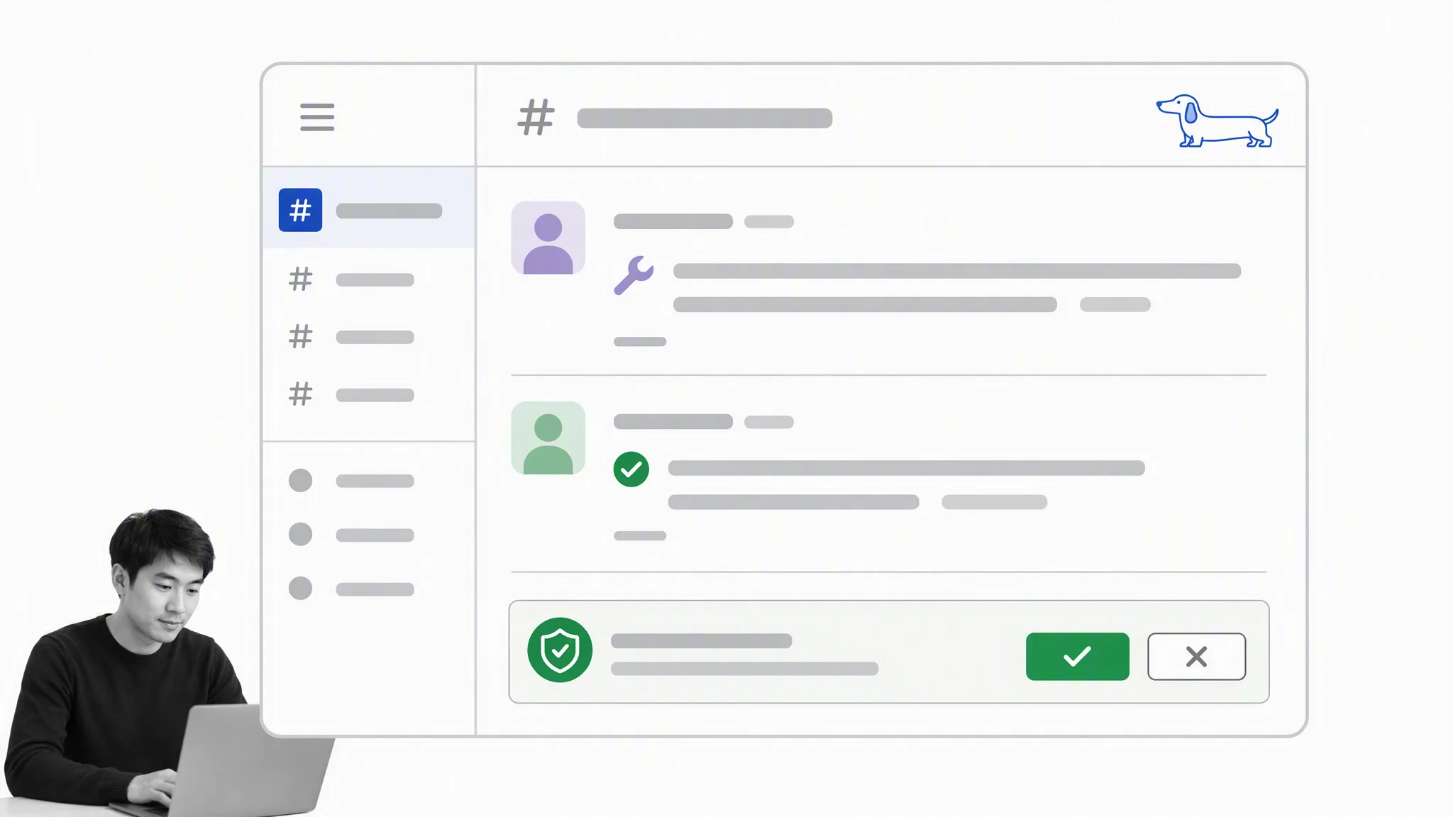 A team chat channel where Dash has posted a work order summary with an approval control beneath it