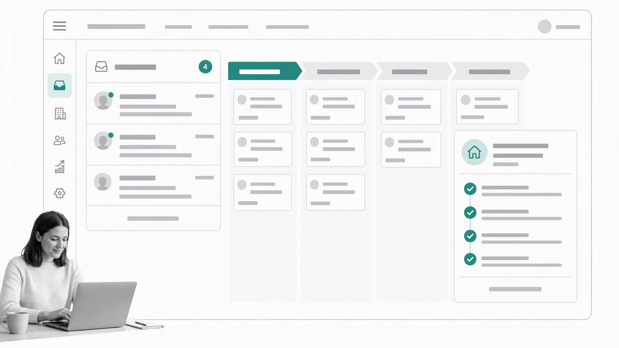 A shared operations inbox beside a process checklist with an owner on each step