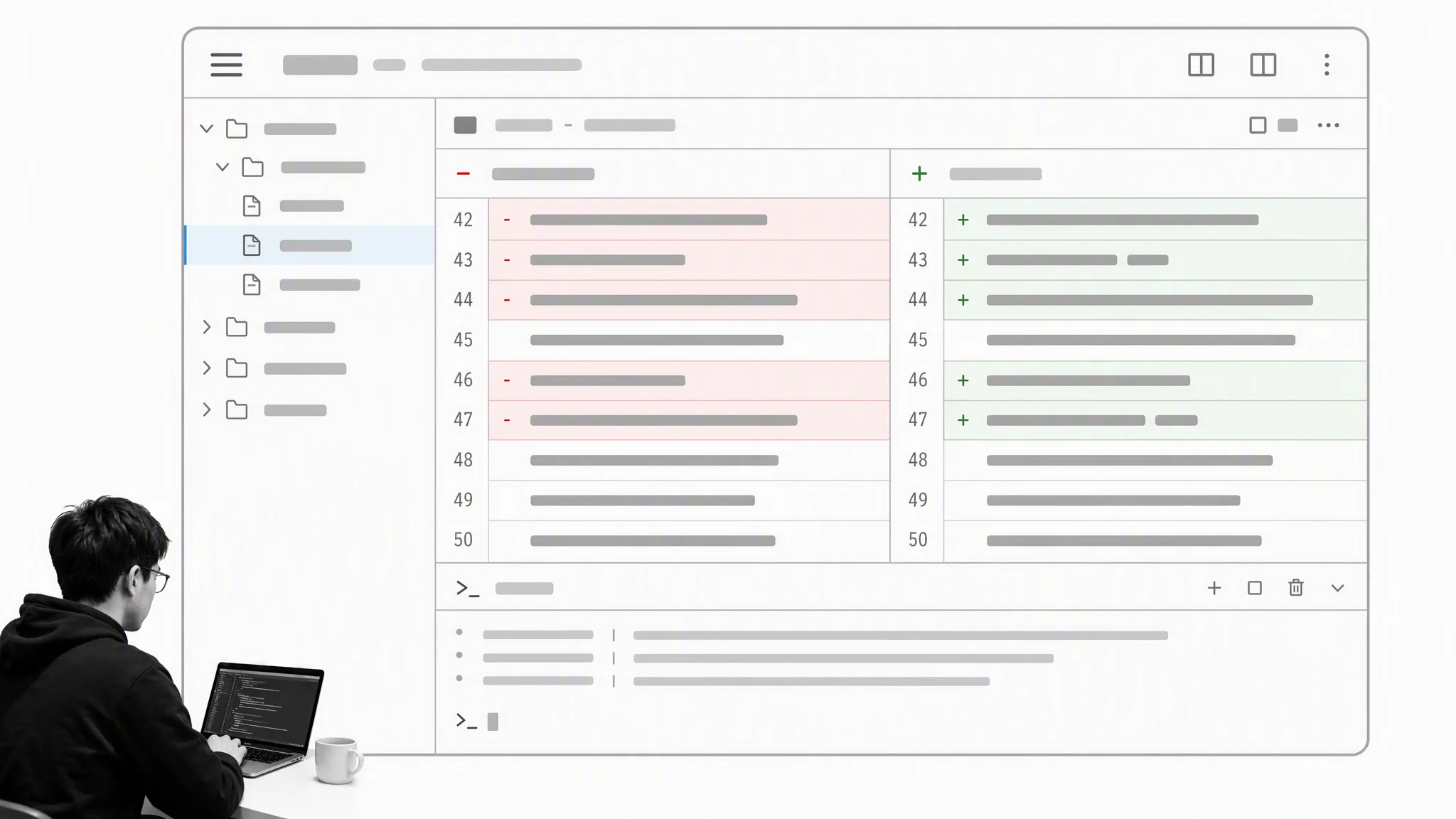 A code editor with a file tree, a diff view and a terminal running a task