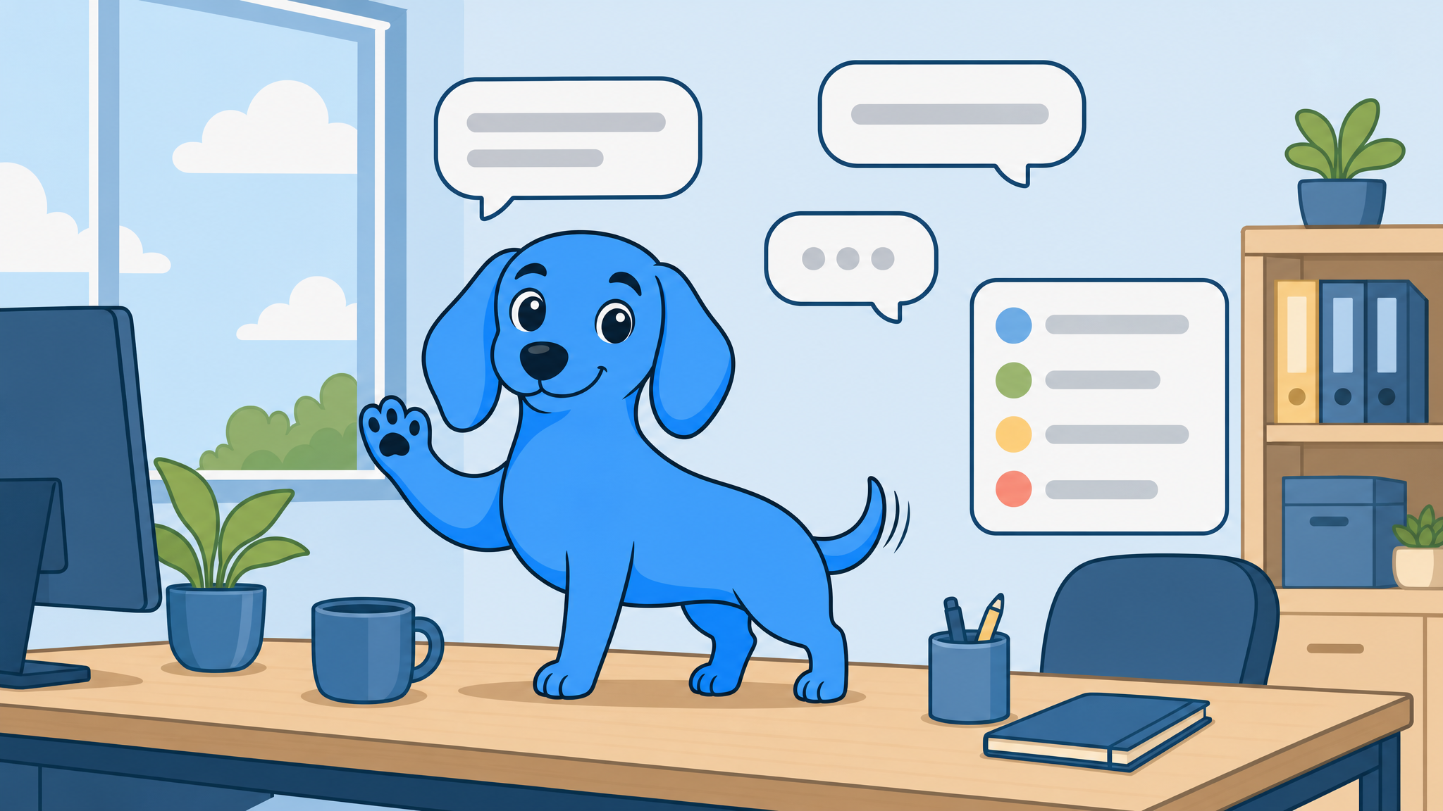 Dash, um colega de IA, acenando de uma mesa ao lado de uma janela de chat da equipe